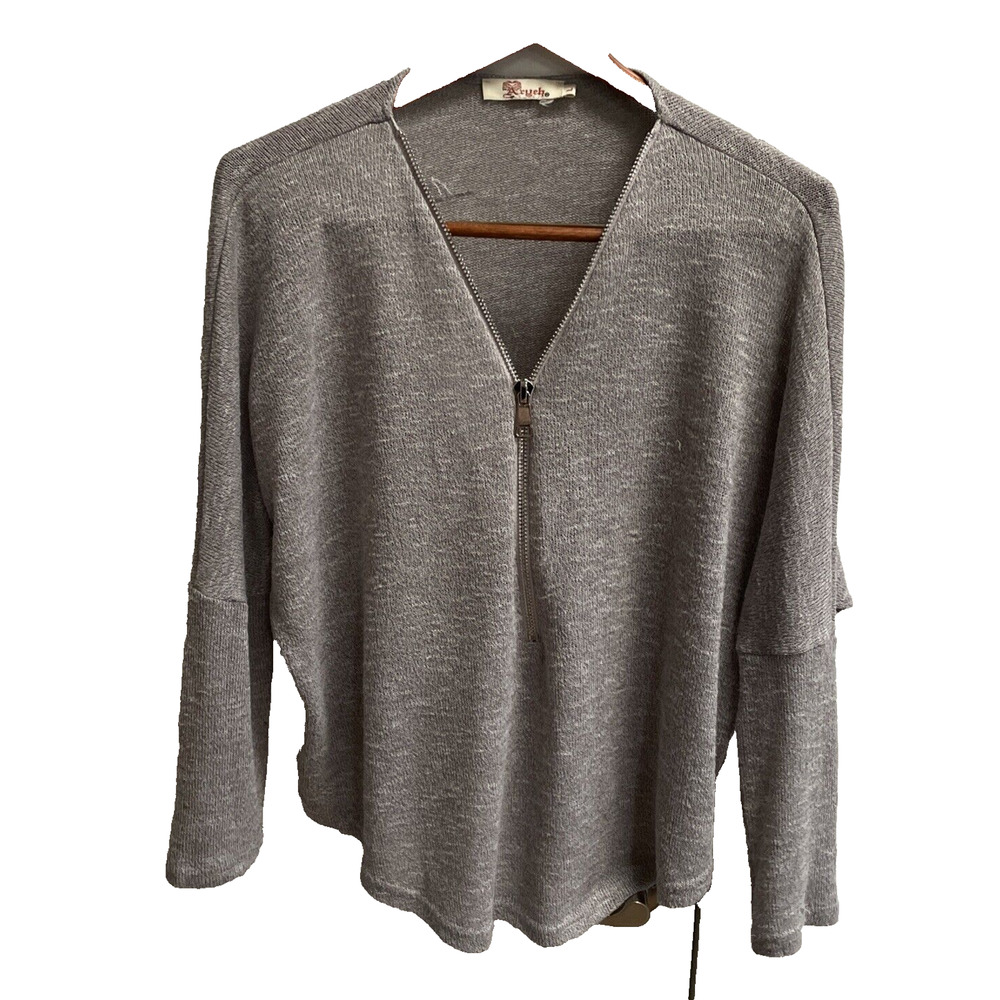 ARYEH Women's Gray, Silver Zipper 3/4 Sleeve Viscose‎ Blend Cardigan Sz L